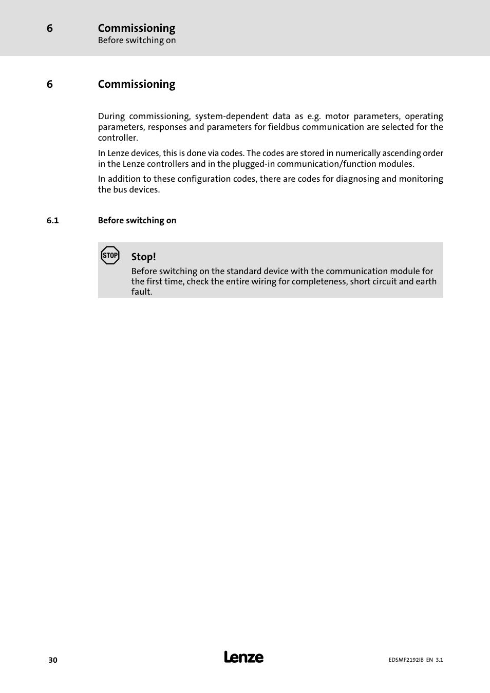 6 commissioning, 1 before switching on, Commissioning | Before switching on | Lenze EMF2192IB User Manual | Page 30 / 64