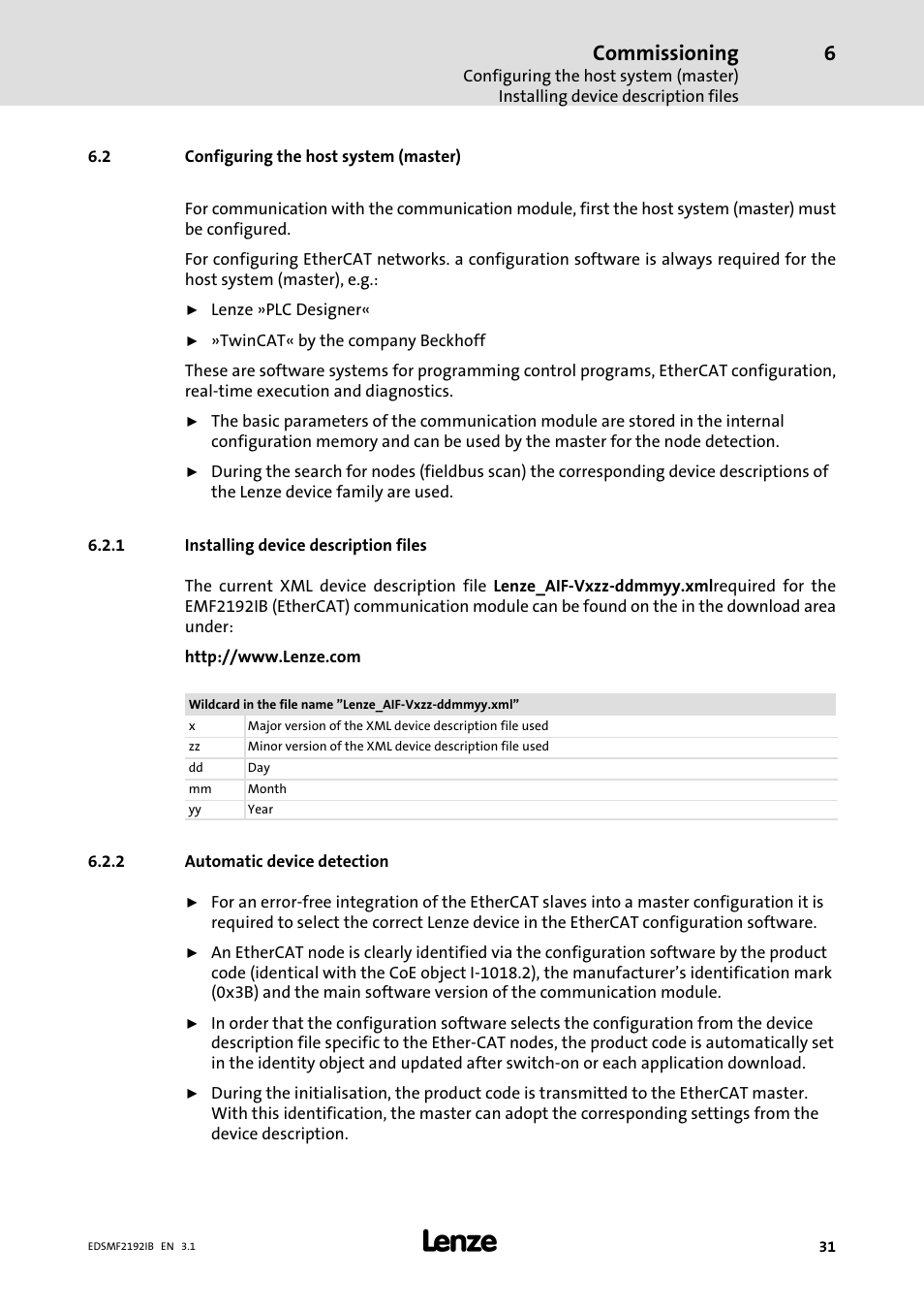 2 configuring the host system (master), 1 installing device description files, 2 automatic device detection | Configuring the host system (master), Installing device description files, Automatic device detection, Commissioning | Lenze EMF2192IB User Manual | Page 31 / 64