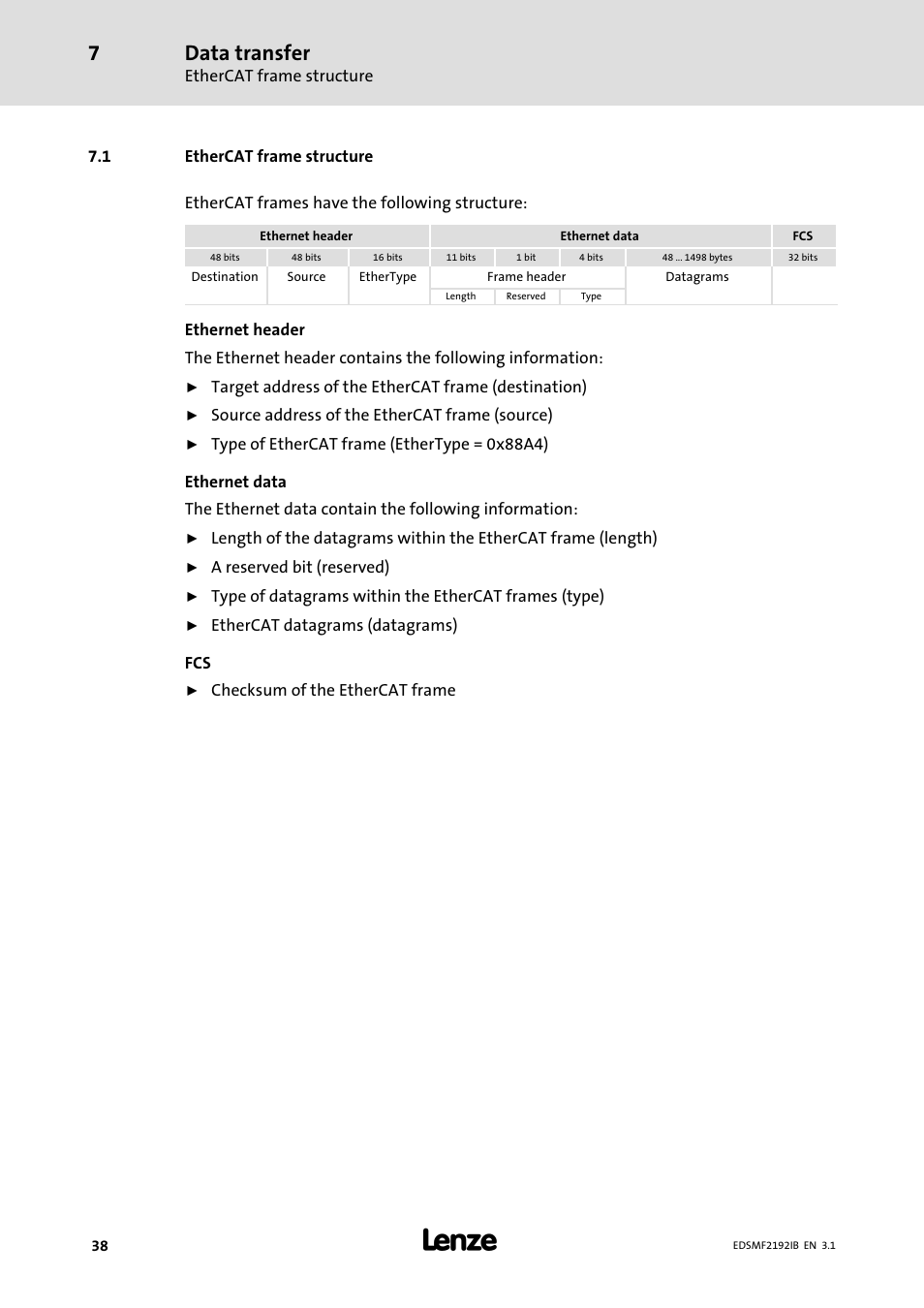 1 ethercat frame structure, Ethercat frame structure, Data transfer | Lenze EMF2192IB User Manual | Page 38 / 64