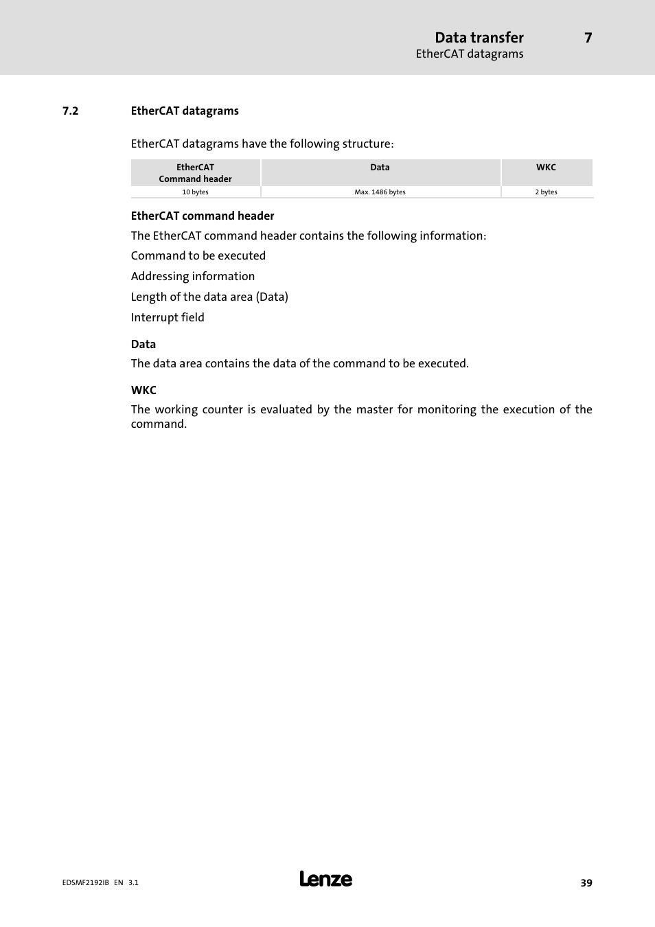 2 ethercat datagrams, Ethercat datagrams, Data transfer | Lenze EMF2192IB User Manual | Page 39 / 64