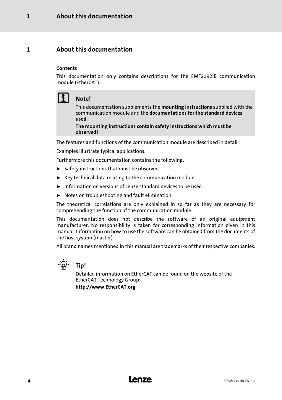 1 about this documentation, About this documentation | Lenze EMF2192IB User Manual | Page 4 / 64