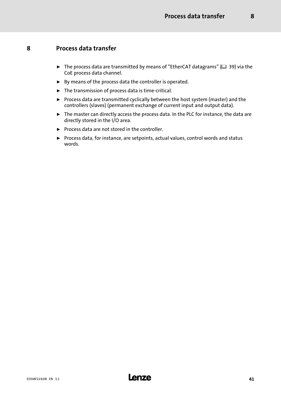 8 process data transfer, Process data transfer, 41) and chapter "parameter data | Process data transfer 8, 8process data transfer | Lenze EMF2192IB User Manual | Page 41 / 64