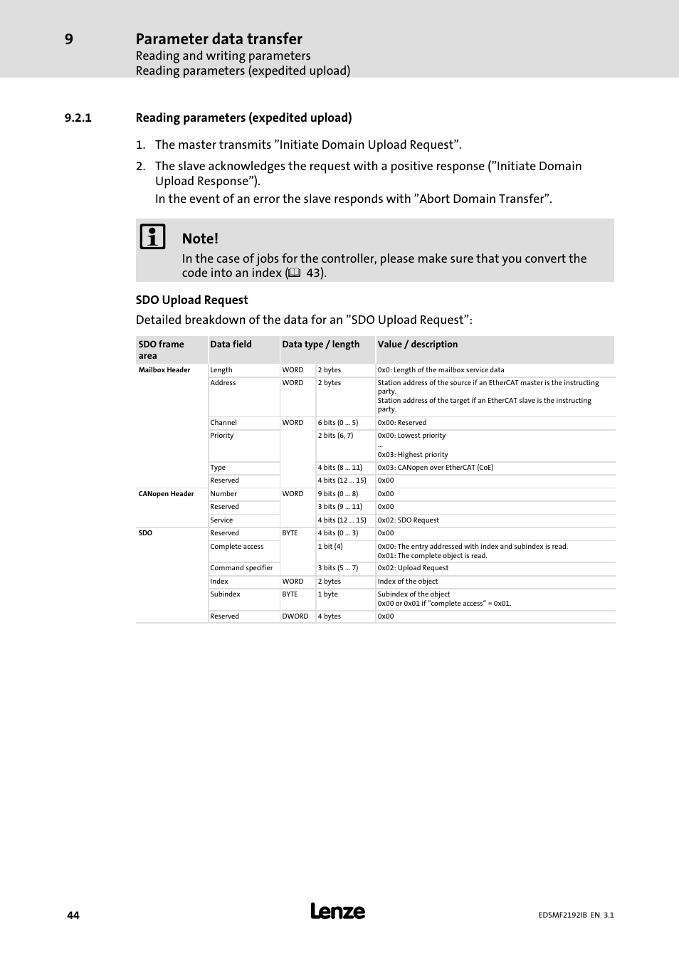 1 reading parameters (expedited upload), Reading parameters (expedited upload), Parameter data transfer | Lenze EMF2192IB User Manual | Page 44 / 64