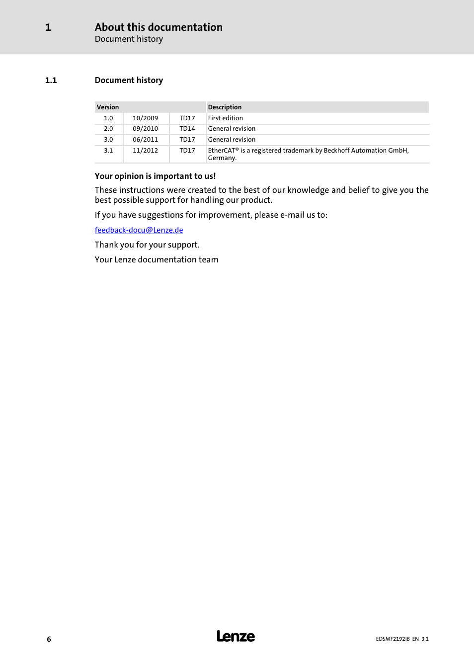 1 document history, Document history, About this documentation | Lenze EMF2192IB User Manual | Page 6 / 64
