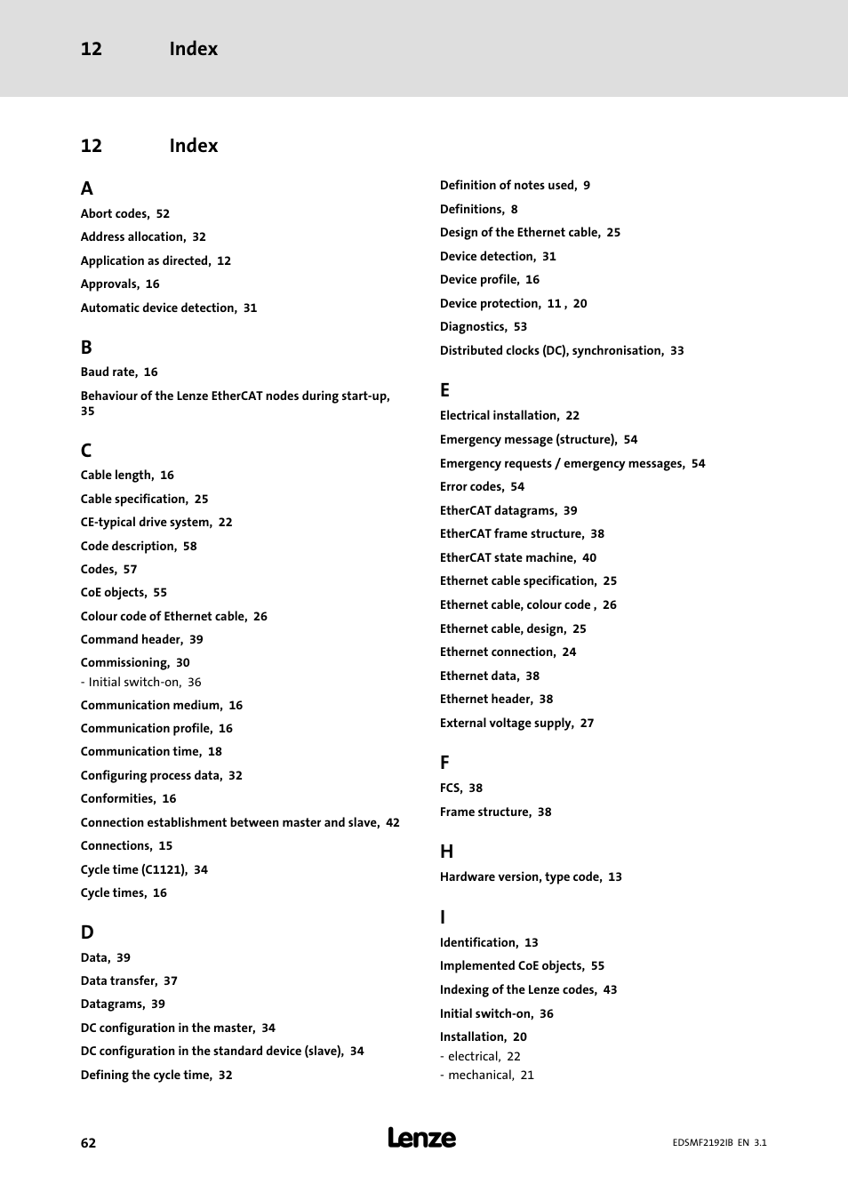 12 index, Index, Index 12 | 12 index a | Lenze EMF2192IB User Manual | Page 62 / 64