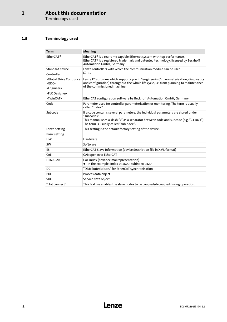 3 terminology used, Terminology used, About this documentation | Lenze EMF2192IB User Manual | Page 8 / 64