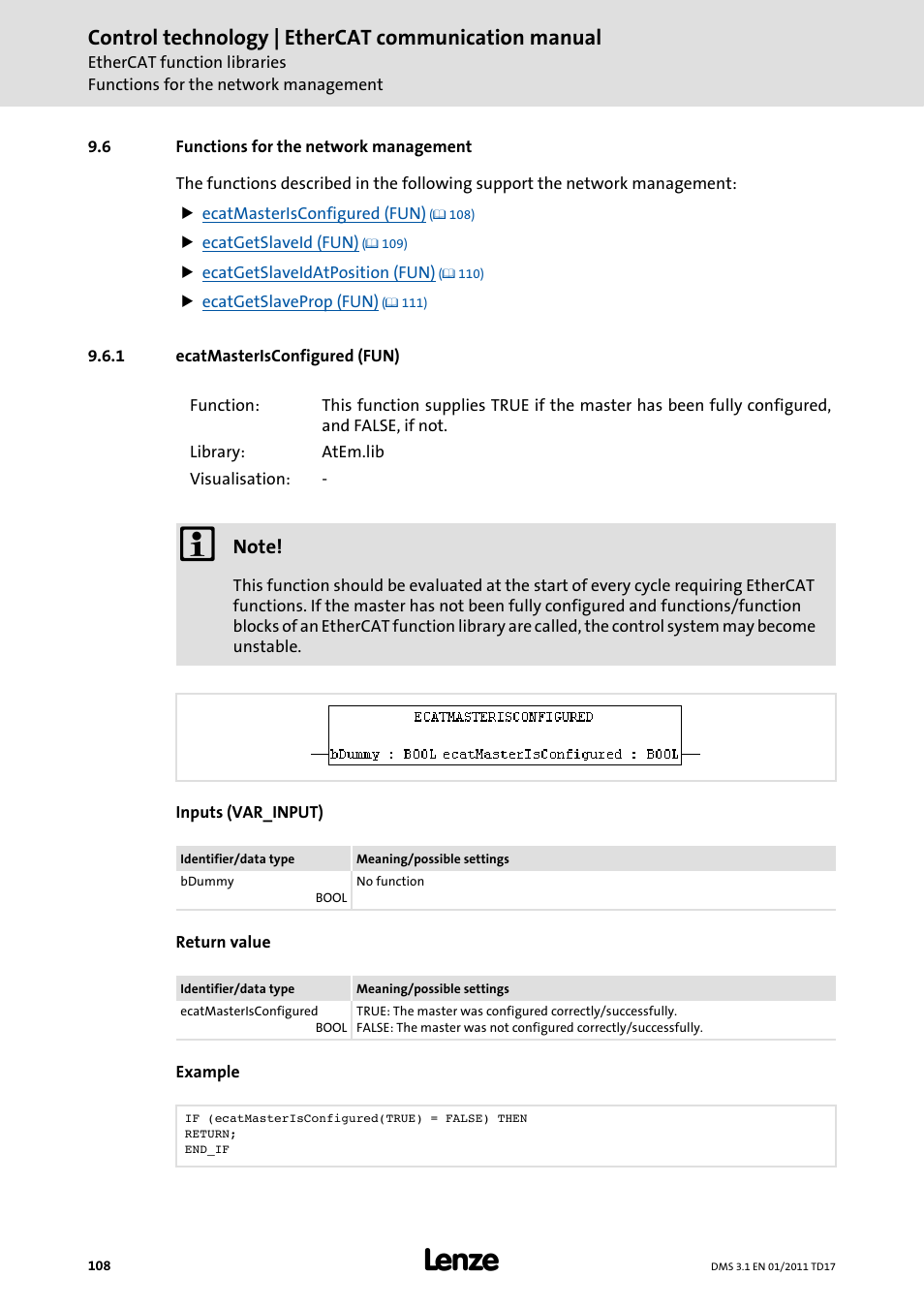6 functions for the network management, 1 ecatmasterisconfigured (fun), Functions for the network management | Ecatmasterisconfigured (fun), Ecatmasterisconfigured (fun) ( 108), Control technology | ethercat communication manual | Lenze EtherCAT control technology User Manual | Page 108 / 204