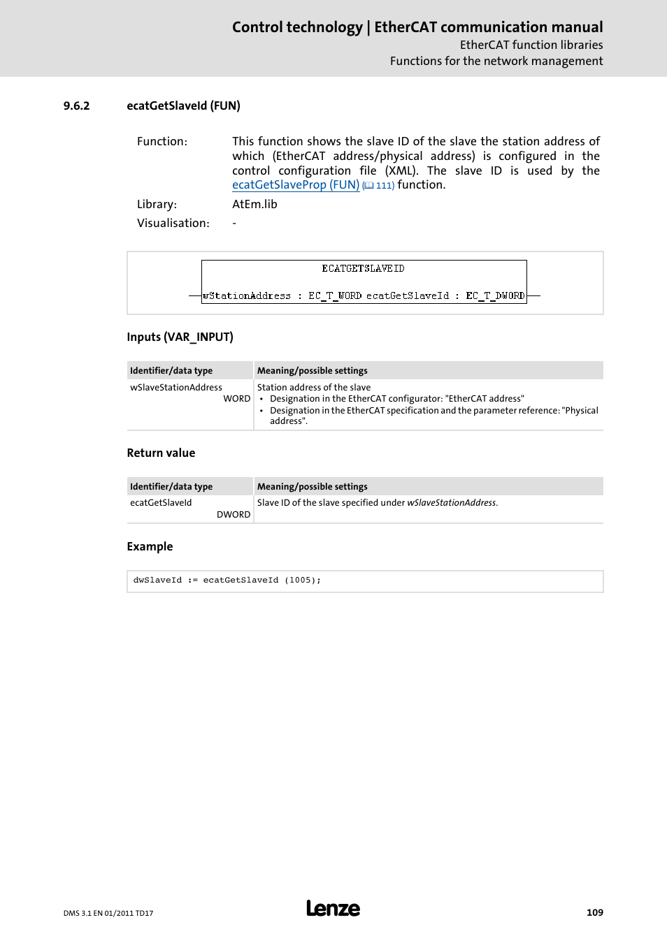 2 ecatgetslaveid (fun), Ecatgetslaveid (fun), Ecatgetslaveid (fun) ( 109) | Control technology | ethercat communication manual | Lenze EtherCAT control technology User Manual | Page 109 / 204