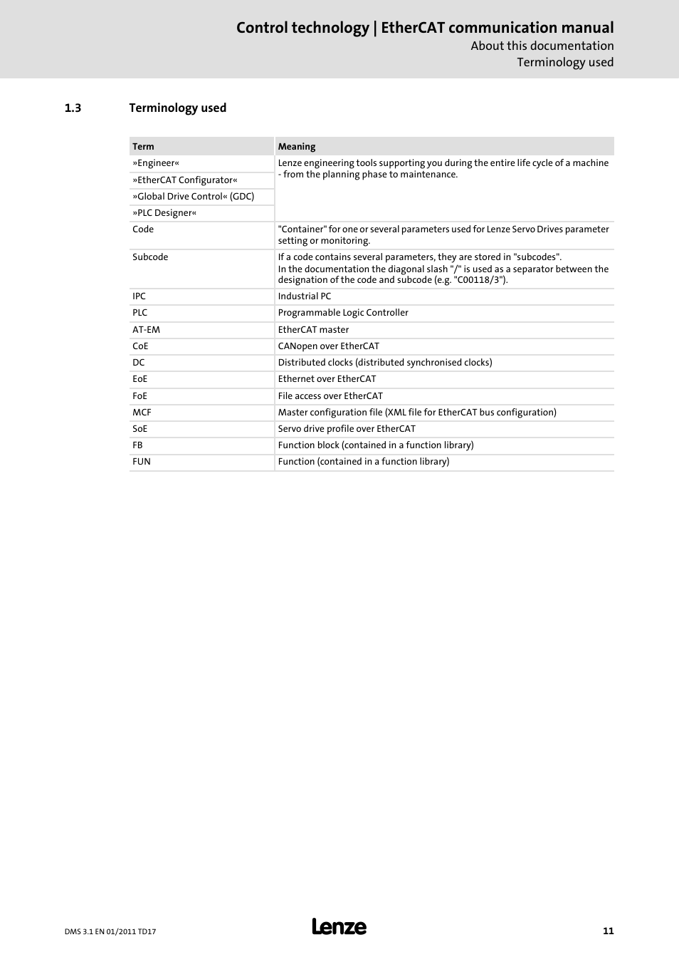 3 terminology used, Terminology used, Control technology | ethercat communication manual | Lenze EtherCAT control technology User Manual | Page 11 / 204