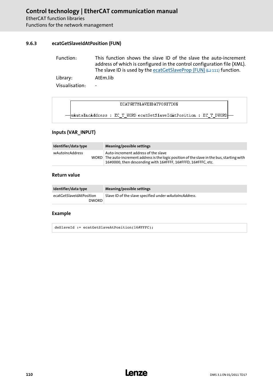 3 ecatgetslaveidatposition (fun), Ecatgetslaveidatposition (fun), Ecatgetslaveidatposition (fun) ( 110) | Control technology | ethercat communication manual | Lenze EtherCAT control technology User Manual | Page 110 / 204
