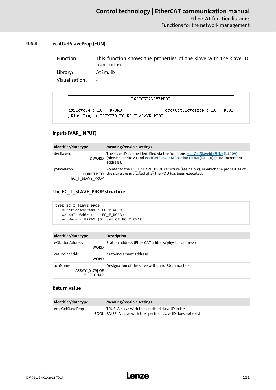 4 ecatgetslaveprop (fun), Ecatgetslaveprop (fun), Ecatgetslaveprop (fun) ( 111) | Id is used by the, Function, Control technology | ethercat communication manual | Lenze EtherCAT control technology User Manual | Page 111 / 204