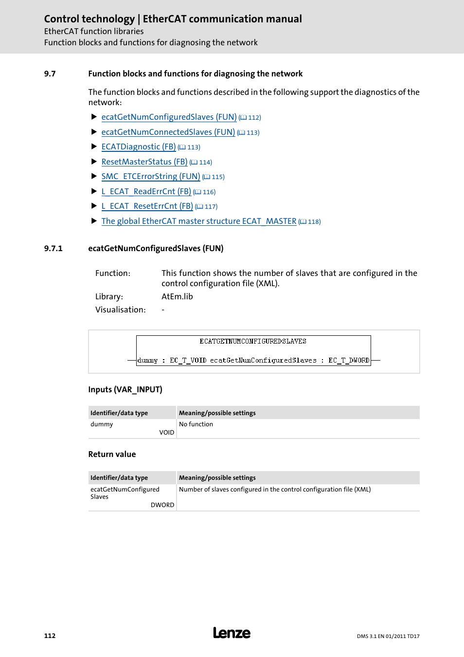 1 ecatgetnumconfiguredslaves (fun), Ecatgetnumconfiguredslaves (fun), Ecatgetnumconfiguredslaves (fun) ( 112) | Control technology | ethercat communication manual | Lenze EtherCAT control technology User Manual | Page 112 / 204