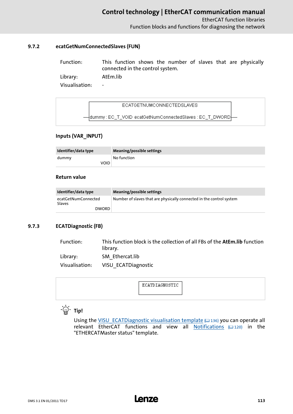 2 ecatgetnumconnectedslaves (fun), 3 ecatdiagnostic (fb), Ecatgetnumconnectedslaves (fun) | Ecatdiagnostic (fb), Ecatdiagnostic (fb) ( 113), Ecatgetnumconnectedslaves (fun) ( 113), Control technology | ethercat communication manual | Lenze EtherCAT control technology User Manual | Page 113 / 204