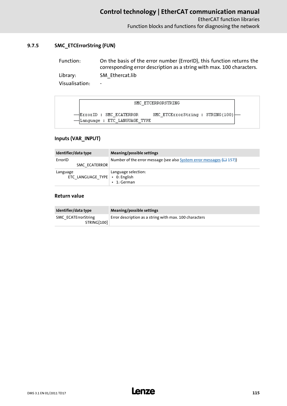 5 smc_etcerrorstring (fun), Smc_etcerrorstring (fun), Smc_etcerrorstring (fun) ( 115) | Control technology | ethercat communication manual | Lenze EtherCAT control technology User Manual | Page 115 / 204