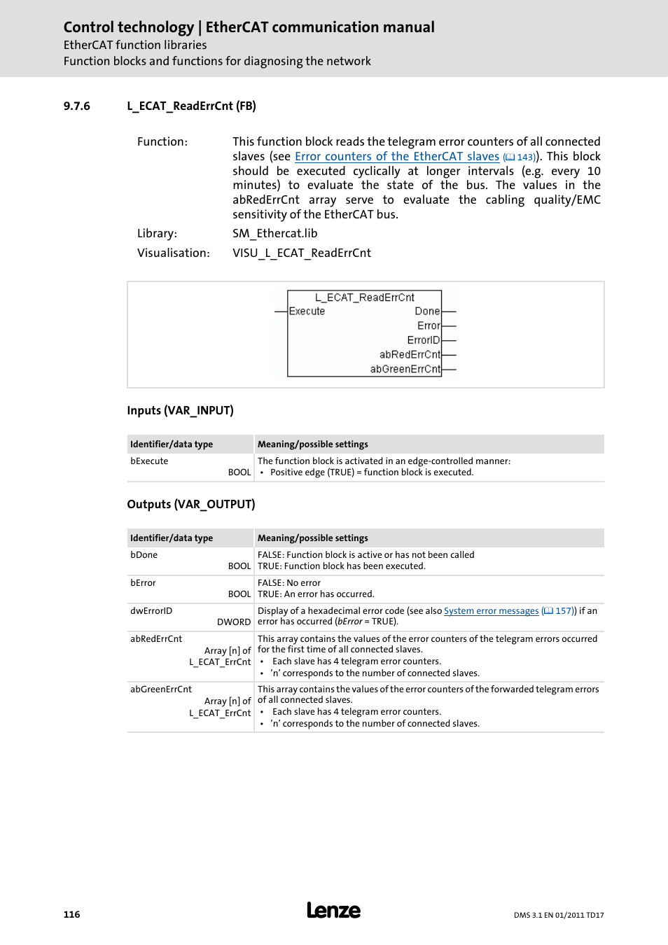 6 l_ecat_readerrcnt (fb), L_ecat_readerrcnt (fb), L_ecat_readerrcnt (fb) ( 116) | Control technology | ethercat communication manual | Lenze EtherCAT control technology User Manual | Page 116 / 204