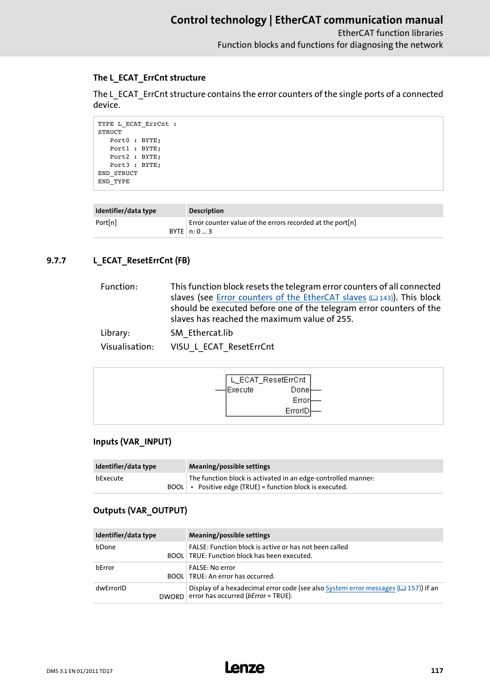 7 l_ecat_reseterrcnt (fb), L_ecat_reseterrcnt (fb), L_ecat_reseterrcnt (fb) ( 117) | Control technology | ethercat communication manual | Lenze EtherCAT control technology User Manual | Page 117 / 204