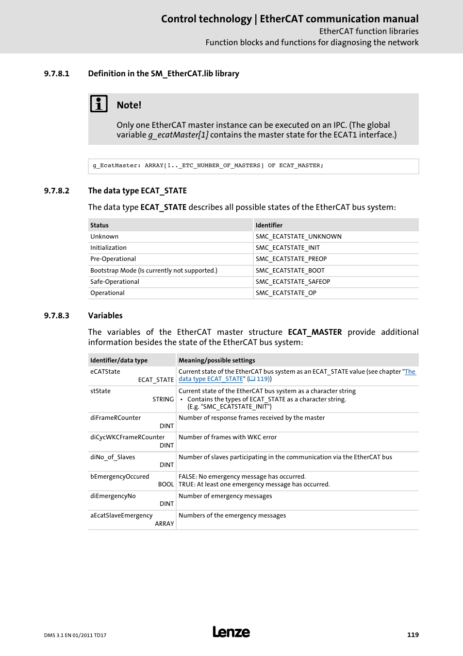 1 definition in the sm_ethercat.lib library, 2 the data type ecat_state, 3 variables | Control technology | ethercat communication manual | Lenze EtherCAT control technology User Manual | Page 119 / 204