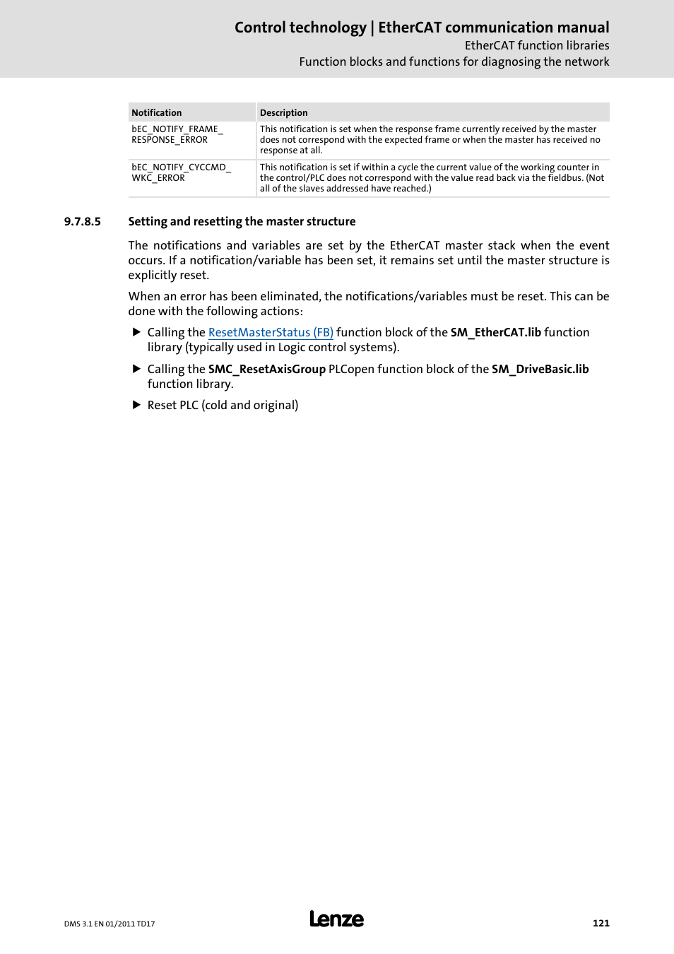 5 setting and resetting the master structure, Control technology | ethercat communication manual | Lenze EtherCAT control technology User Manual | Page 121 / 204