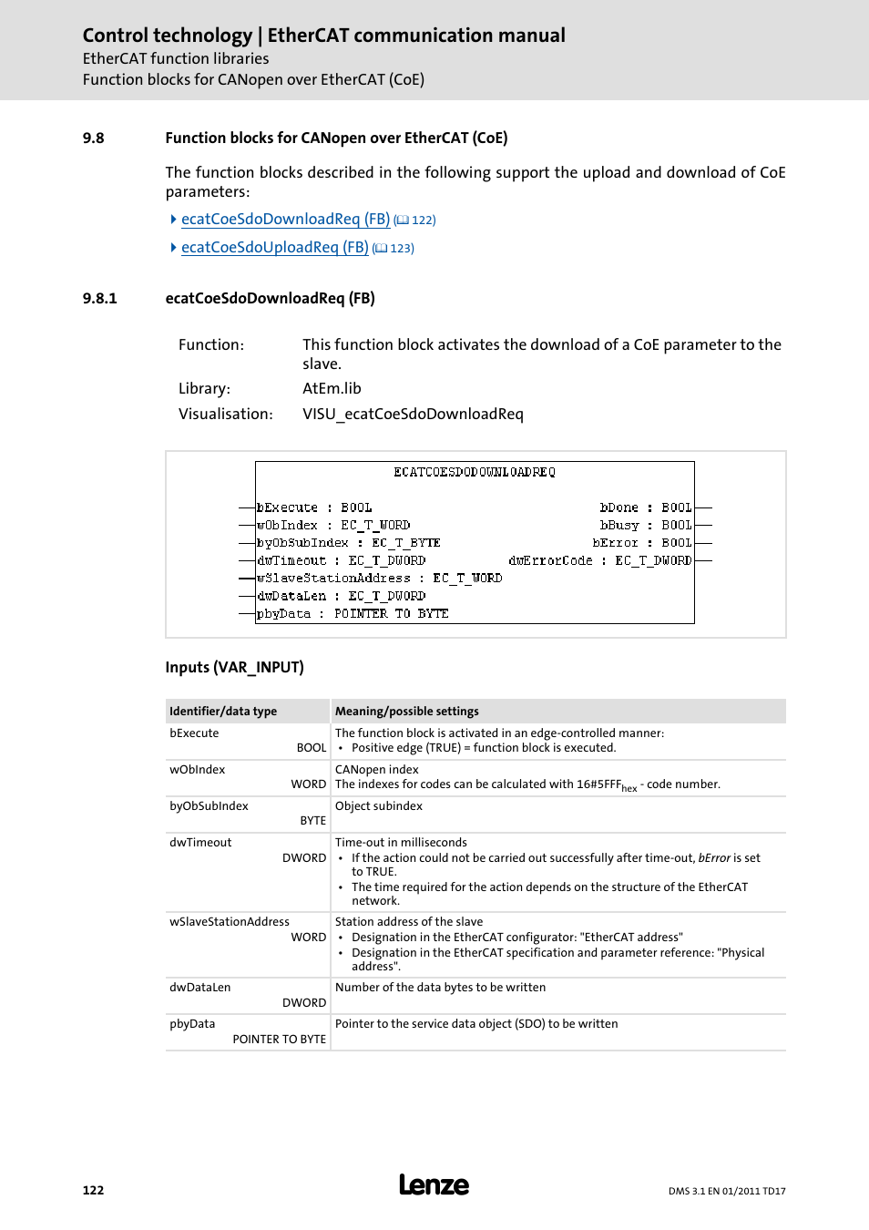8 function blocks for canopen over ethercat (coe), 1 ecatcoesdodownloadreq (fb), Function blocks for canopen over ethercat (coe) | Ecatcoesdodownloadreq (fb), Ecatcoesdodownloadreq (fb) ( 122), Control technology | ethercat communication manual | Lenze EtherCAT control technology User Manual | Page 122 / 204