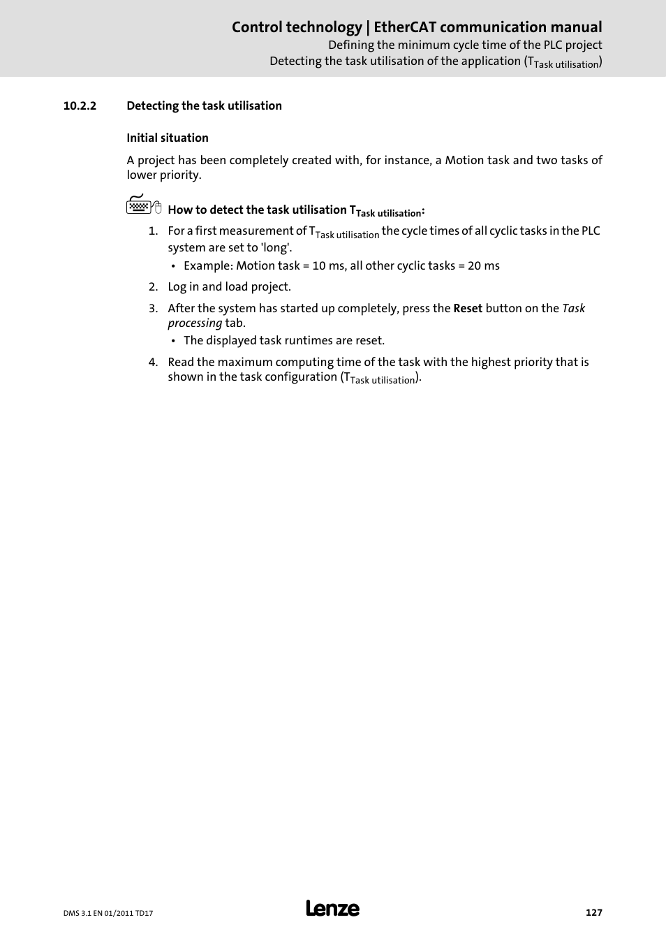 2 detecting the task utilisation, Detecting the task utilisation, Control technology | ethercat communication manual | Lenze EtherCAT control technology User Manual | Page 127 / 204