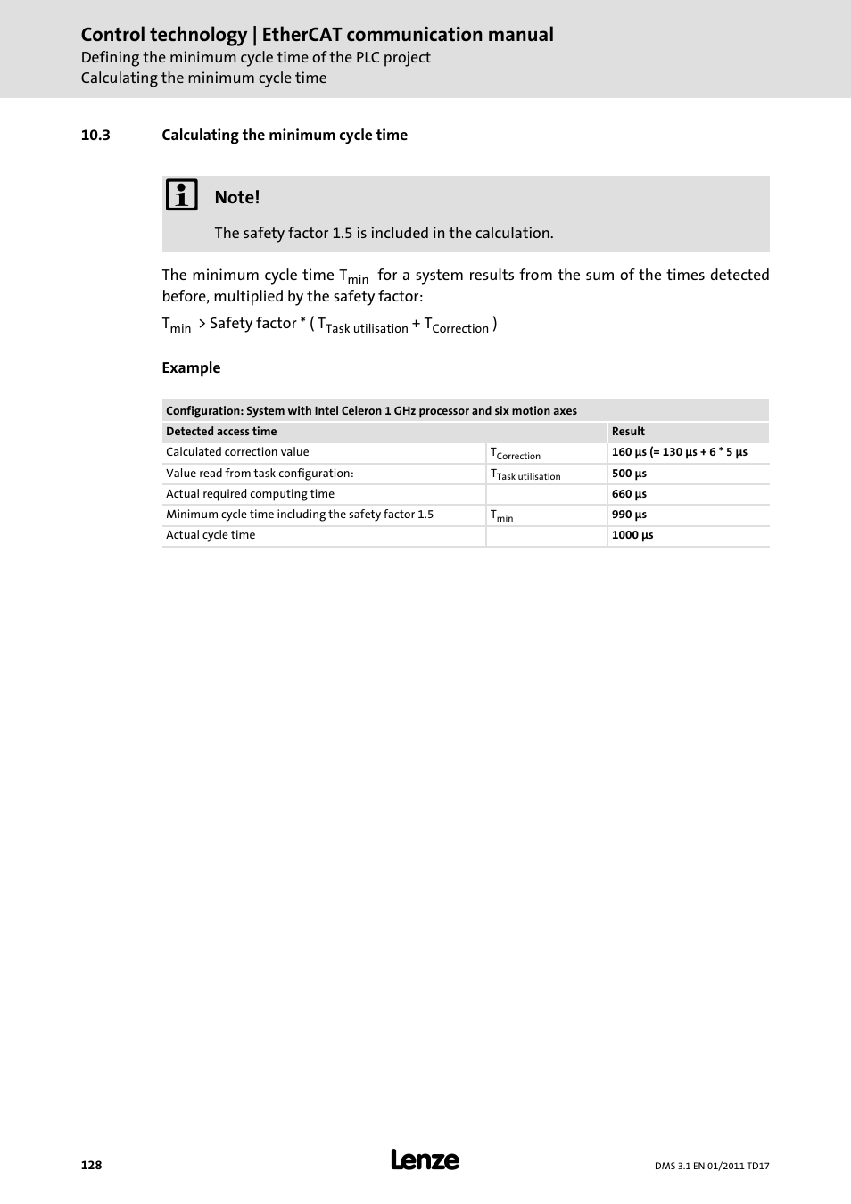 3 calculating the minimum cycle time, Calculating the minimum cycle time, Control technology | ethercat communication manual | Lenze EtherCAT control technology User Manual | Page 128 / 204