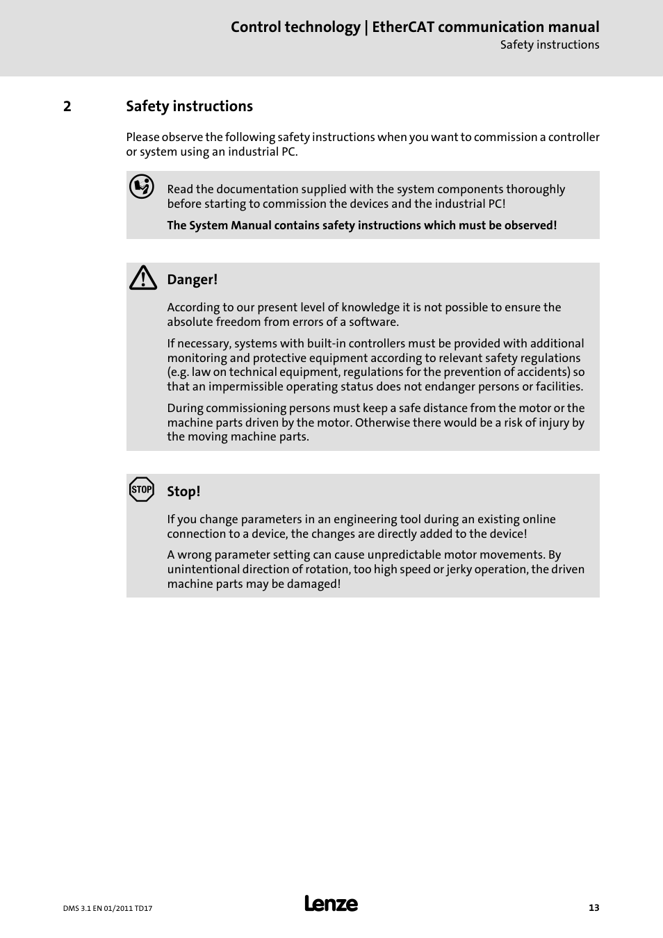 2 safety instructions, Safety instructions | Lenze EtherCAT control technology User Manual | Page 13 / 204
