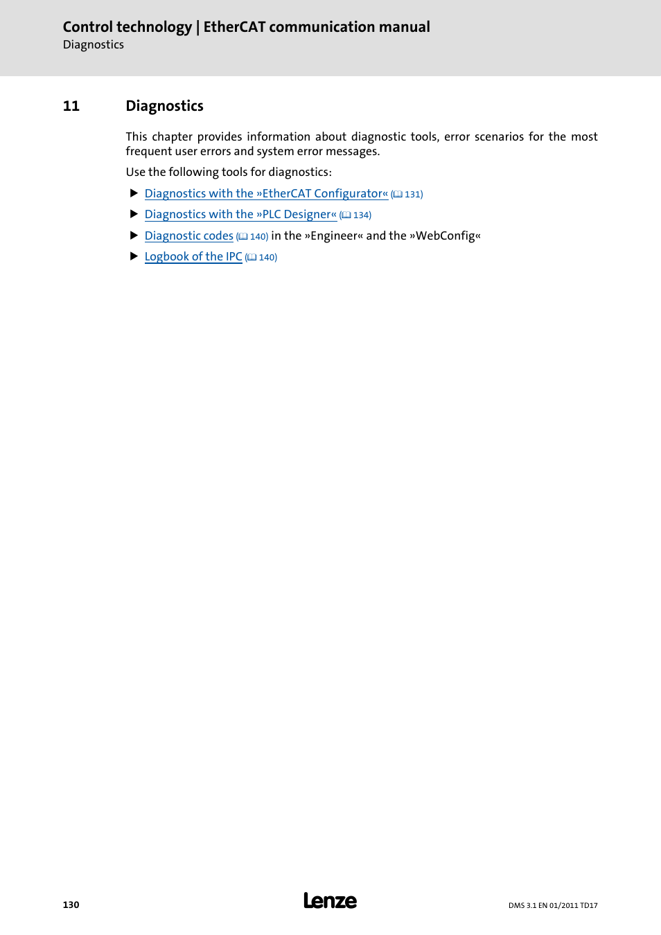 11 diagnostics, Diagnostics, Control technology | ethercat communication manual | Lenze EtherCAT control technology User Manual | Page 130 / 204