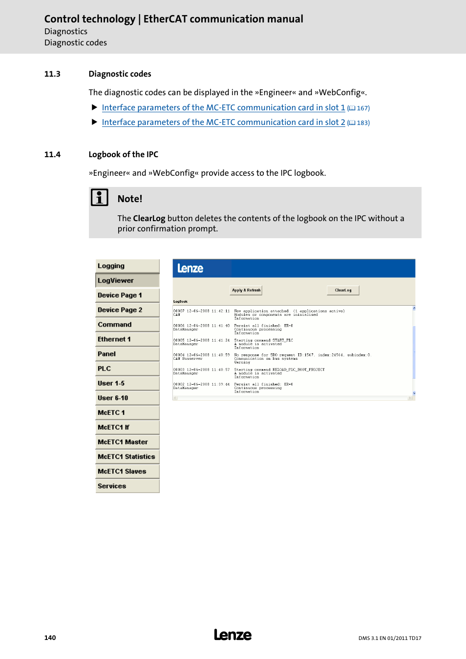3 diagnostic codes, 4 logbook of the ipc, Diagnostic codes | Logbook of the ipc, Ssages in the, In the »engineer« and | Lenze EtherCAT control technology User Manual | Page 140 / 204
