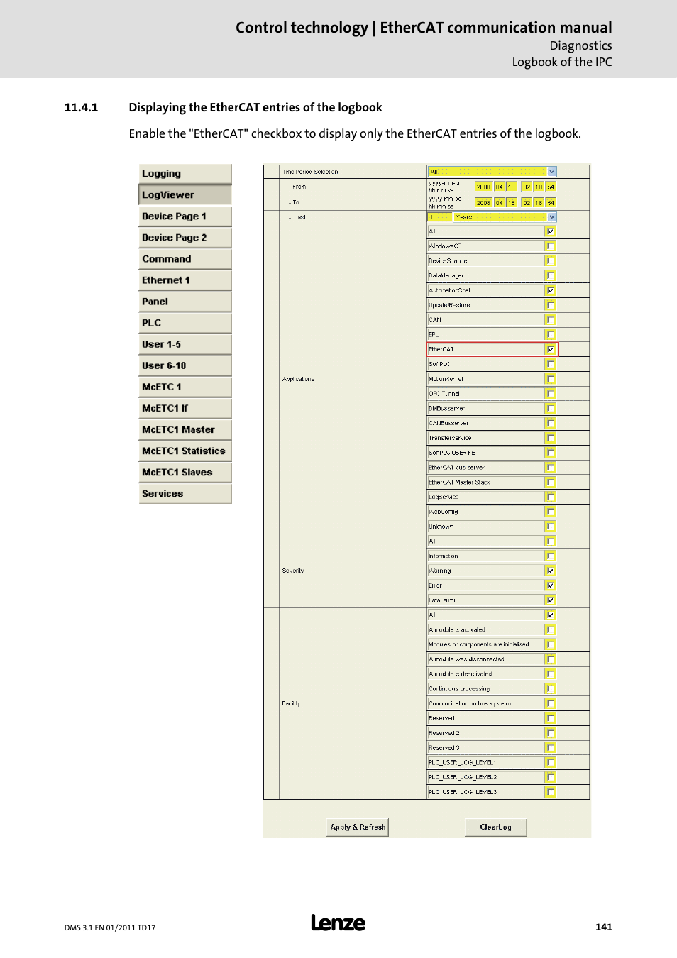 1 displaying the ethercat entries of the logbook, Displaying the ethercat entries of the logbook | Lenze EtherCAT control technology User Manual | Page 141 / 204
