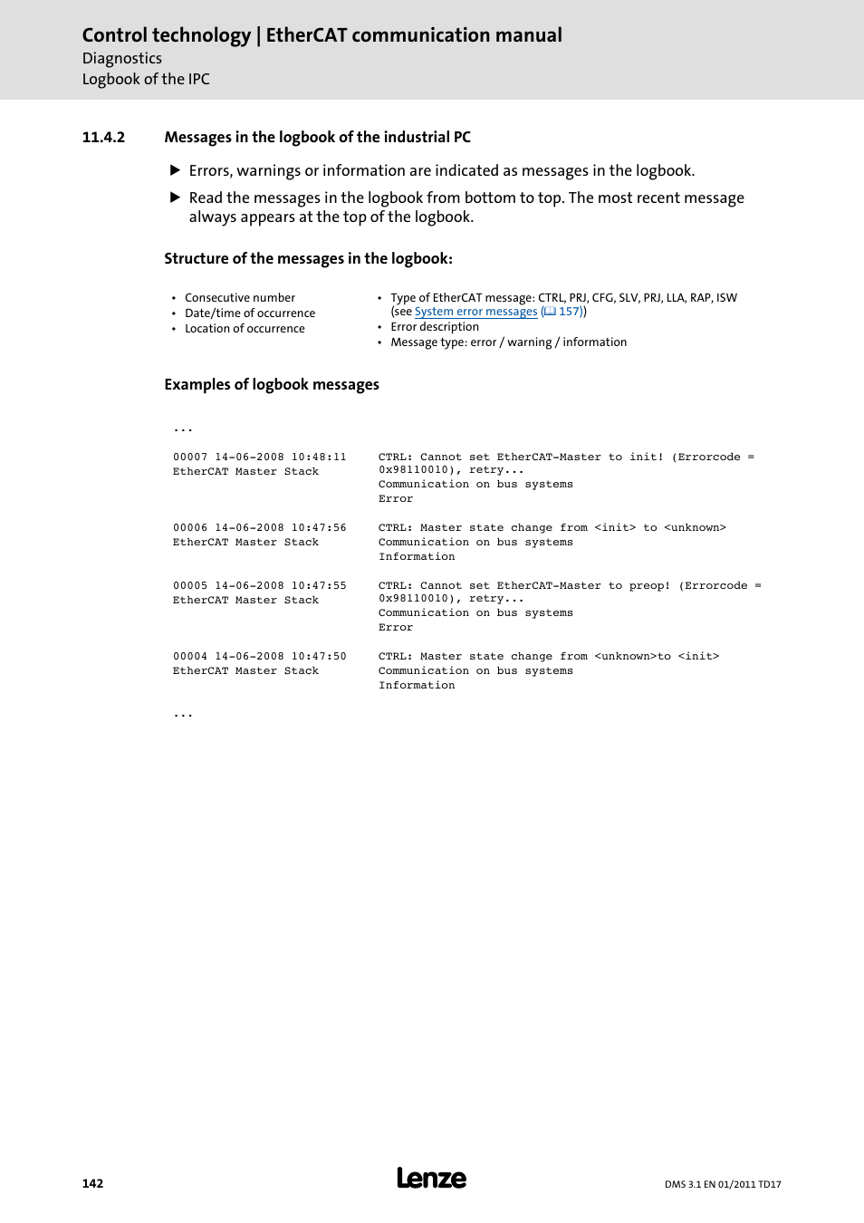 2 messages in the logbook of the industrial pc, Messages in the logbook of the industrial pc, Control technology | ethercat communication manual | Lenze EtherCAT control technology User Manual | Page 142 / 204