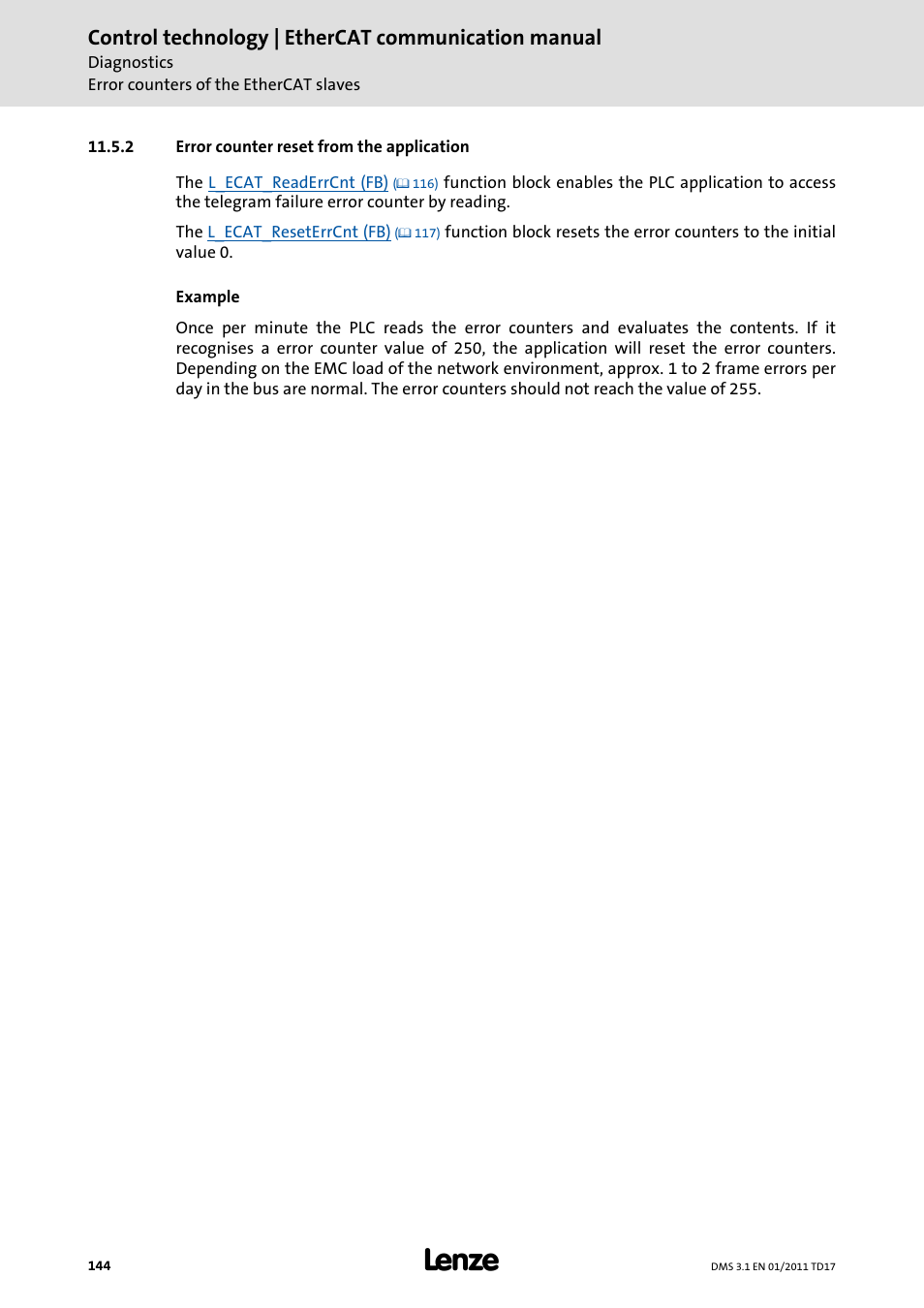 2 error counter reset from the application, Error counter reset from the application, Control technology | ethercat communication manual | Lenze EtherCAT control technology User Manual | Page 144 / 204
