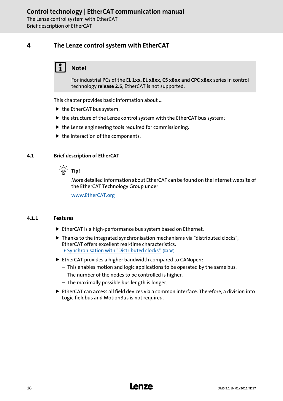 4 the lenze control system with ethercat, 1 brief description of ethercat, 1 features | The lenze control system with ethercat, Brief description of ethercat, Features | Lenze EtherCAT control technology User Manual | Page 16 / 204
