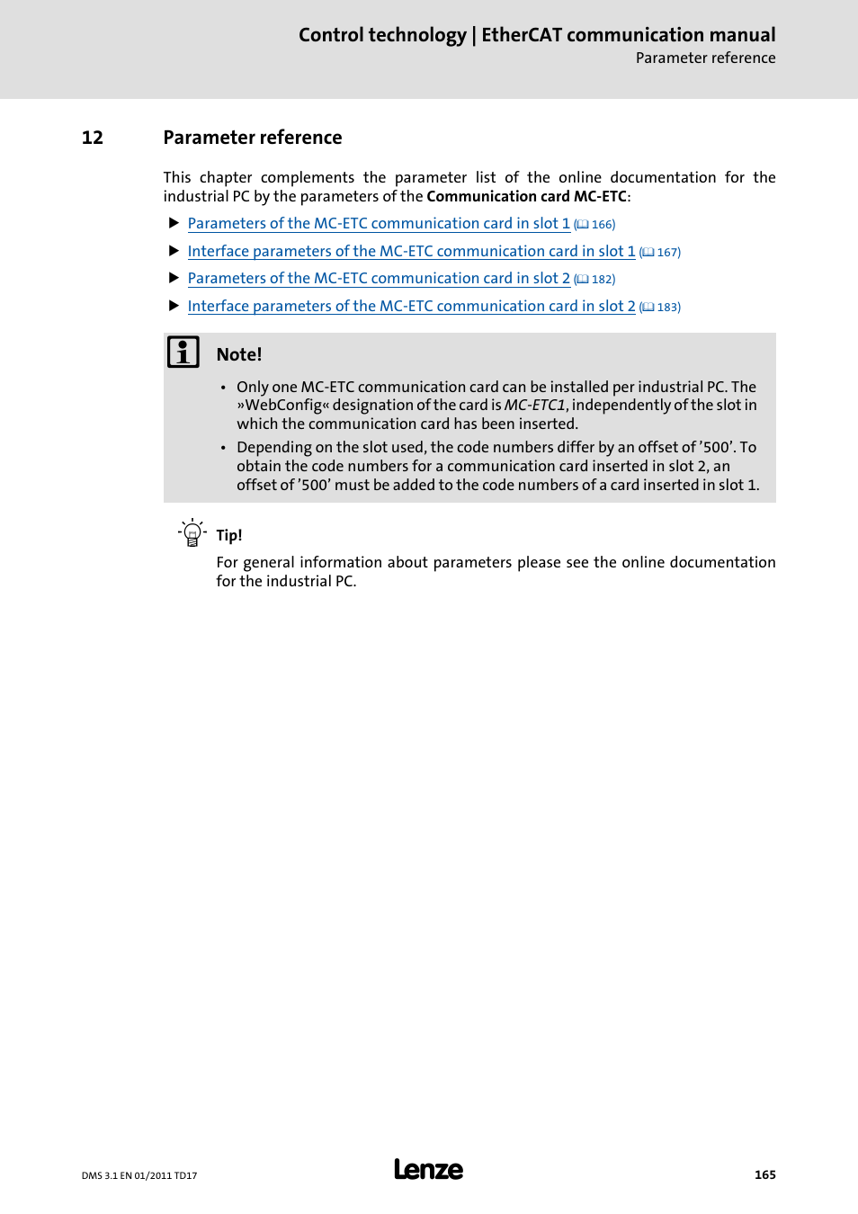 12 parameter reference, Parameter reference | Lenze EtherCAT control technology User Manual | Page 165 / 204