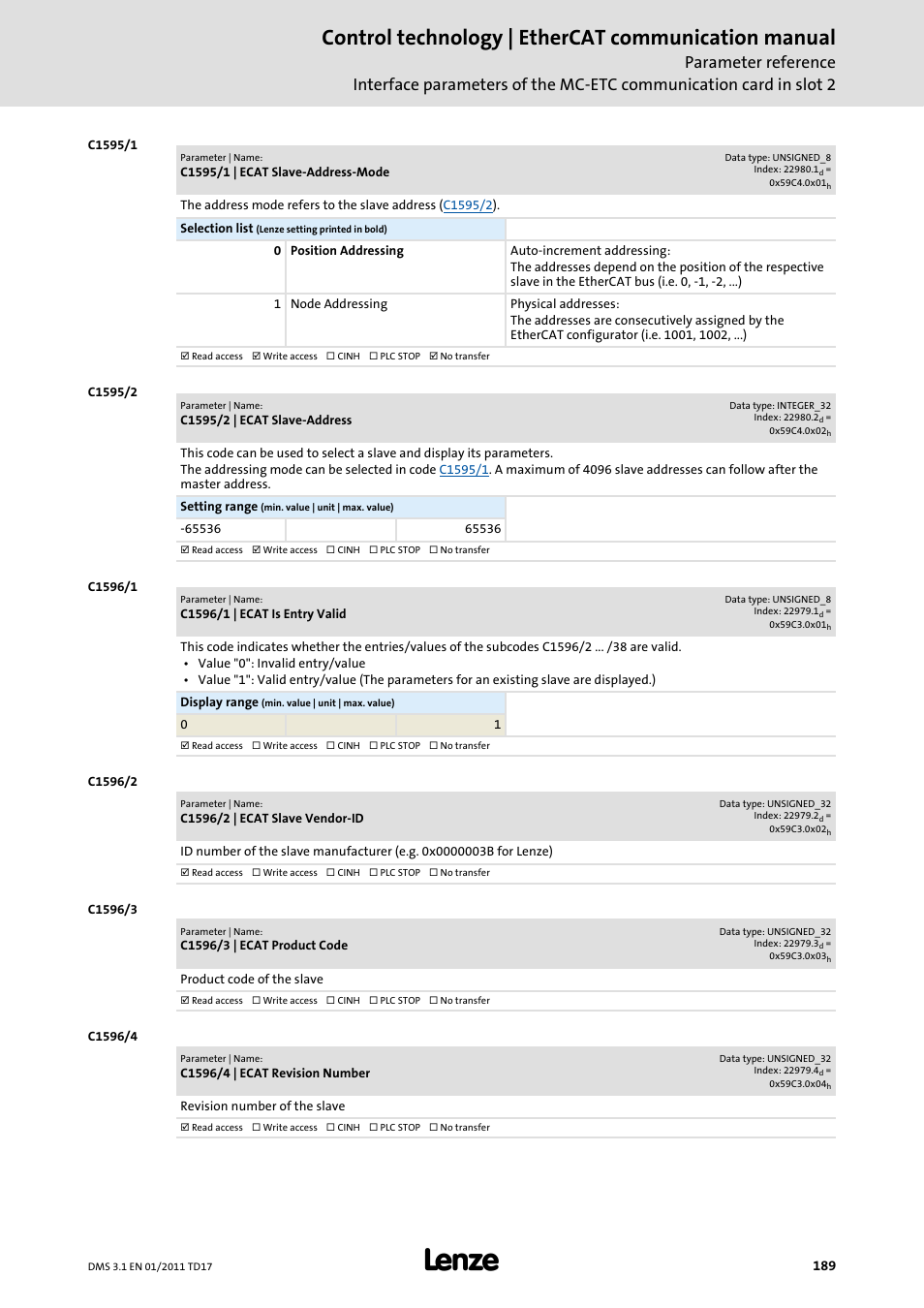Control technology | ethercat communication manual | Lenze EtherCAT control technology User Manual | Page 189 / 204