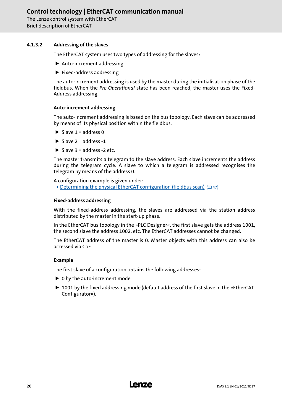 2 addressing of the slaves, Control technology | ethercat communication manual | Lenze EtherCAT control technology User Manual | Page 20 / 204