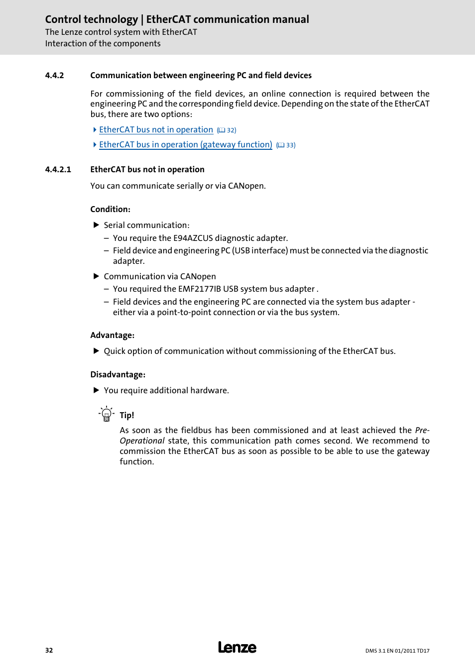 1 ethercat bus not in operation, Control technology | ethercat communication manual | Lenze EtherCAT control technology User Manual | Page 32 / 204