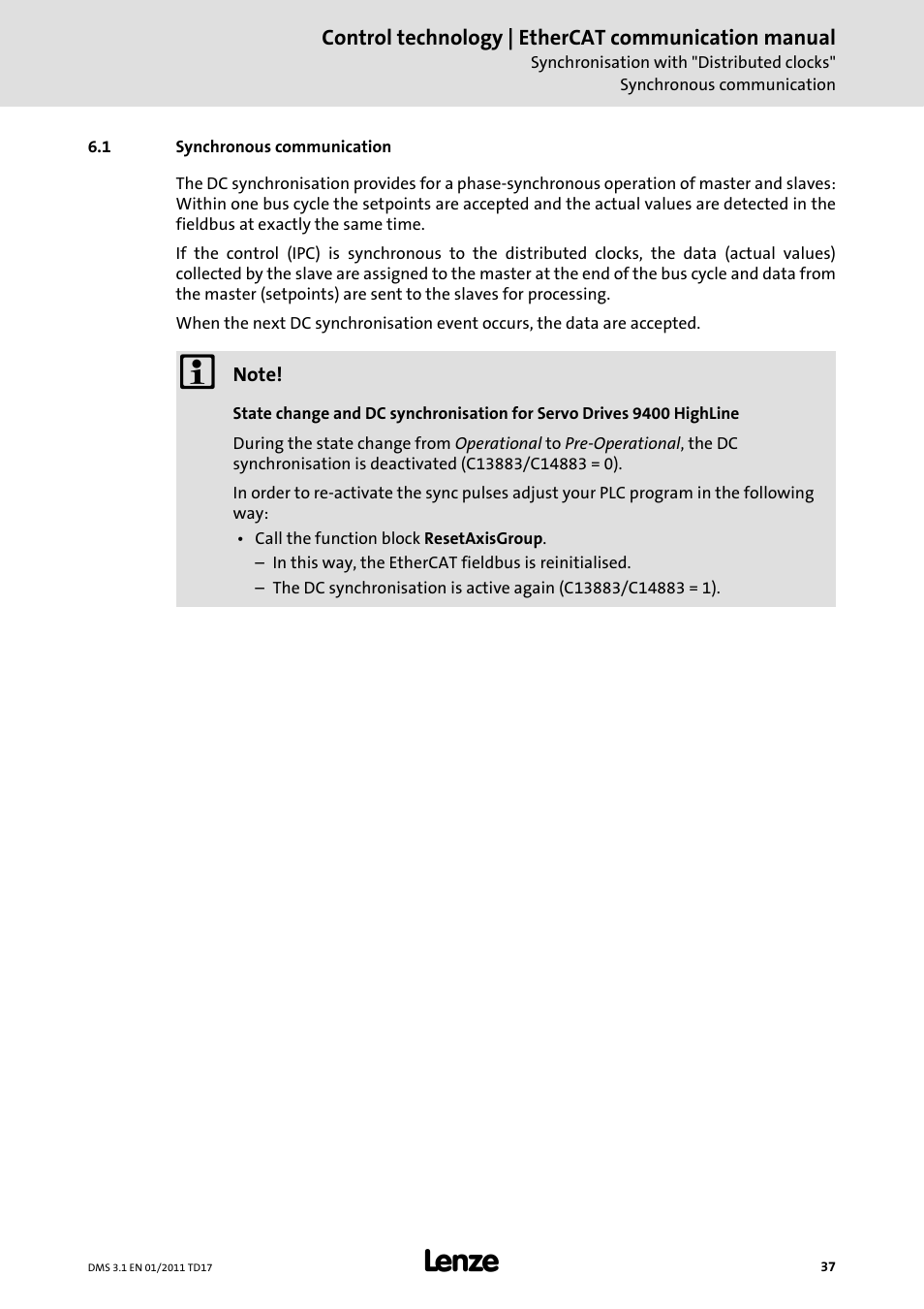 1 synchronous communication, Synchronous communication | Lenze EtherCAT control technology User Manual | Page 37 / 204