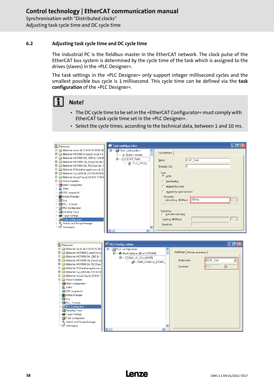 2 adjusting task cycle time and dc cycle time, Adjusting task cycle time and dc cycle time | Lenze EtherCAT control technology User Manual | Page 38 / 204