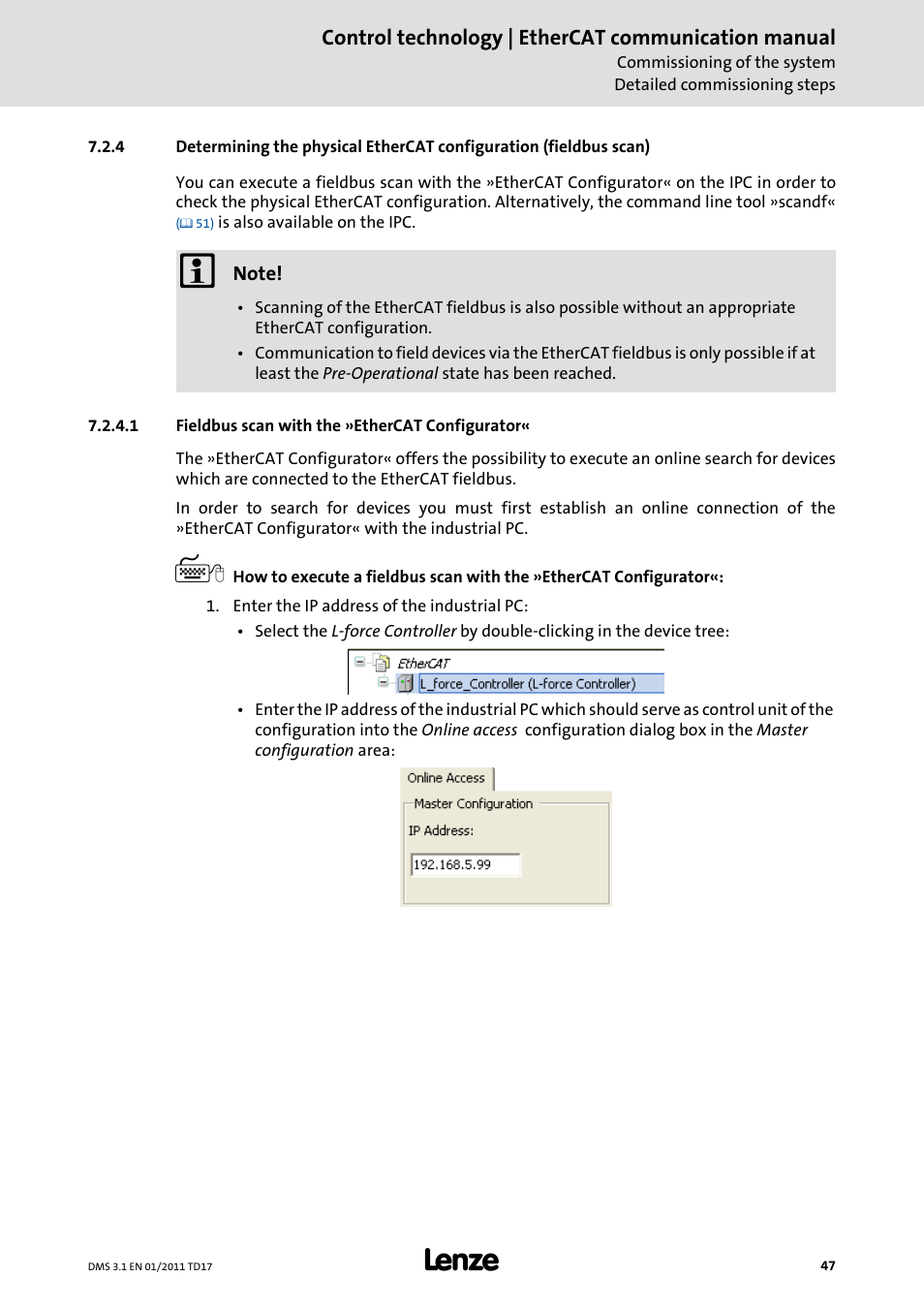 1 fieldbus scan with the »ethercat configurator, Detected during a, Fieldbus scan with the »ethercat configurator | Lenze EtherCAT control technology User Manual | Page 47 / 204
