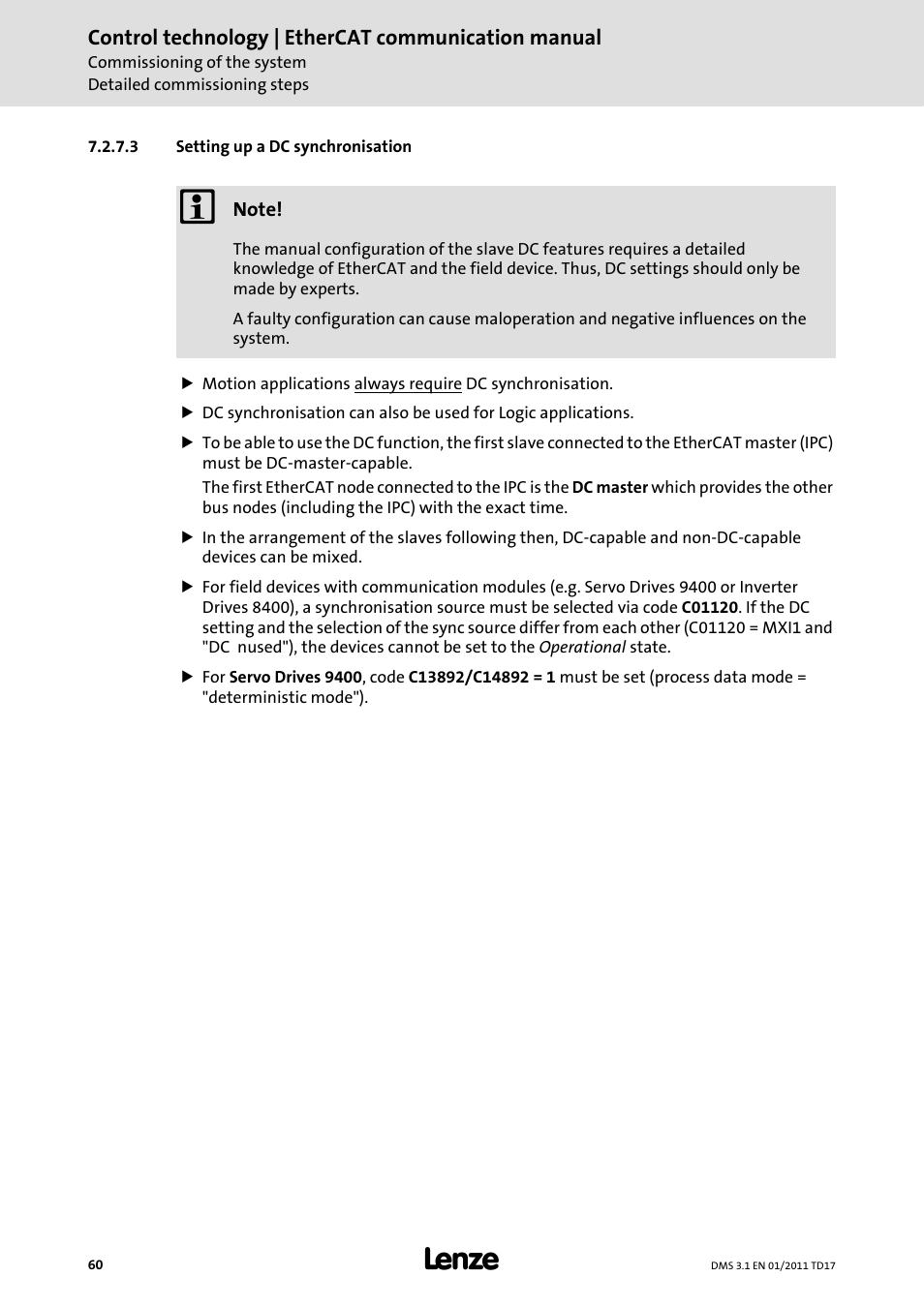 3 setting up a dc synchronisation | Lenze EtherCAT control technology User Manual | Page 60 / 204