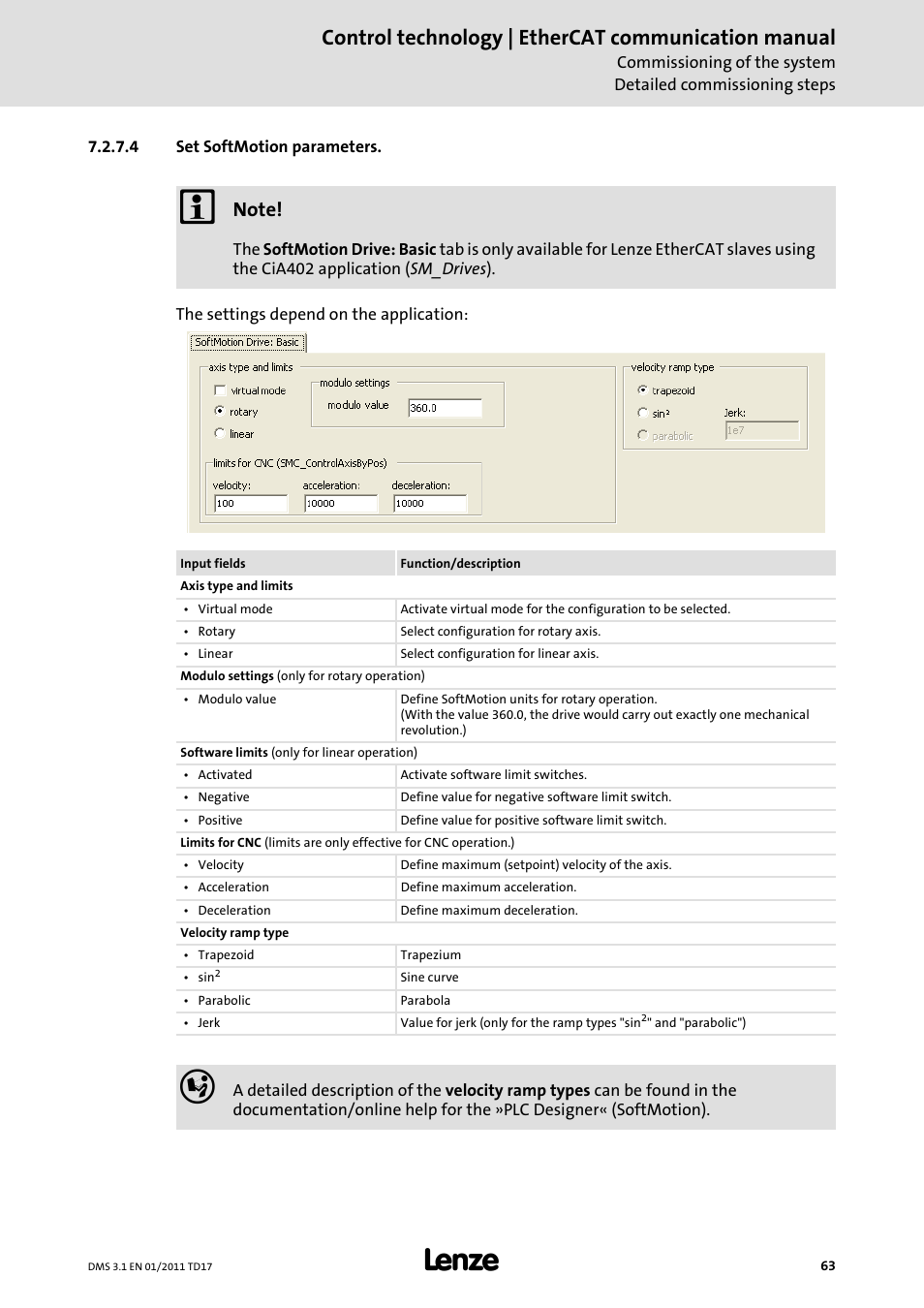 4 set softmotion parameters, Control technology | ethercat communication manual | Lenze EtherCAT control technology User Manual | Page 63 / 204