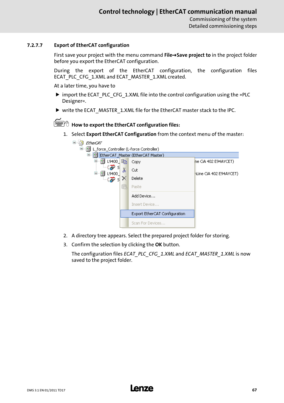 7 export of ethercat configuration, Export of ethercat configuration | Lenze EtherCAT control technology User Manual | Page 67 / 204