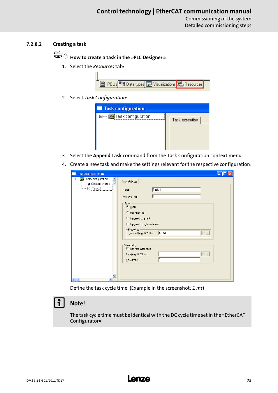 2 creating a task | Lenze EtherCAT control technology User Manual | Page 73 / 204