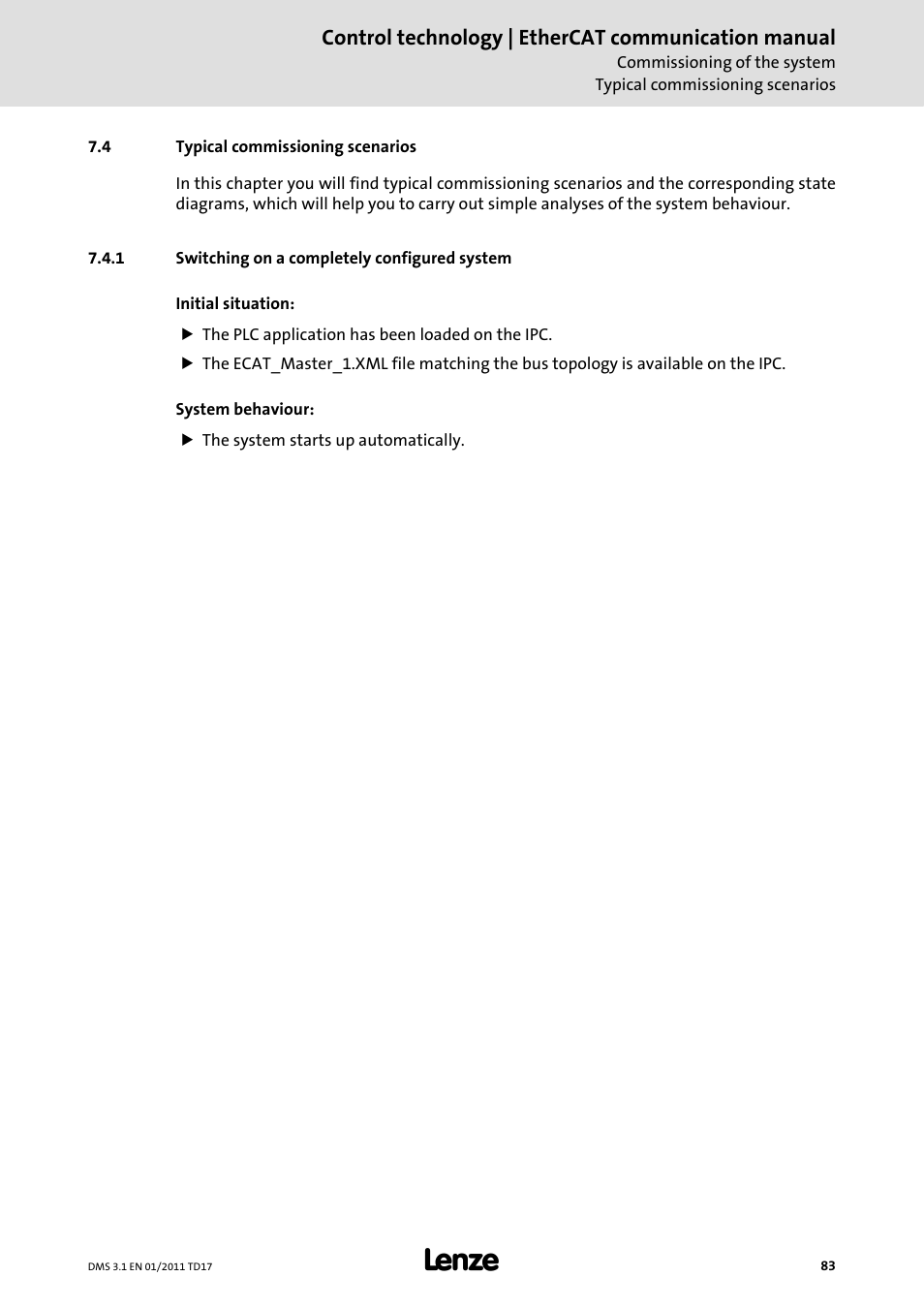 4 typical commissioning scenarios, 1 switching on a completely configured system, Typical commissioning scenarios | Switching on a completely configured system | Lenze EtherCAT control technology User Manual | Page 83 / 204
