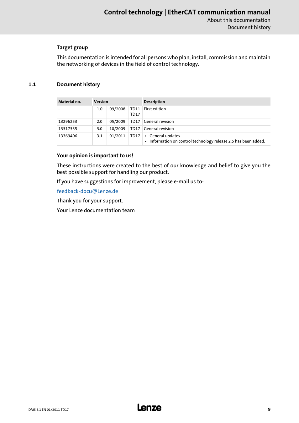 1 document history, Document history, Control technology | ethercat communication manual | Lenze EtherCAT control technology User Manual | Page 9 / 204