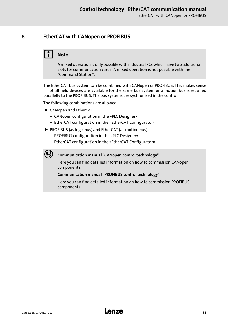8 ethercat with canopen or profibus, Ethercat with canopen or profibus | Lenze EtherCAT control technology User Manual | Page 91 / 204