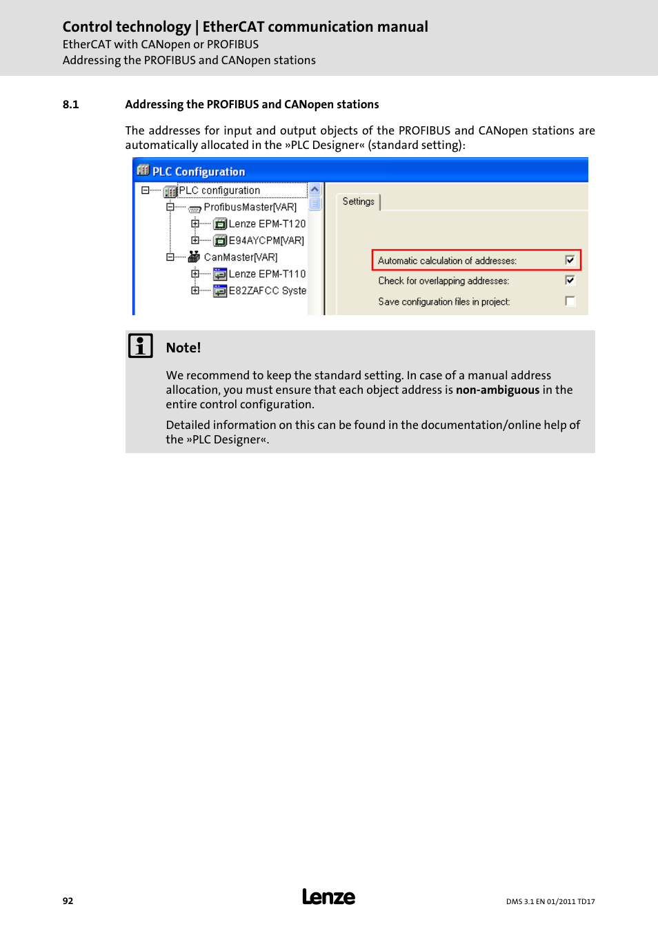 1 addressing the profibus and canopen stations, Addressing the profibus and canopen stations | Lenze EtherCAT control technology User Manual | Page 92 / 204