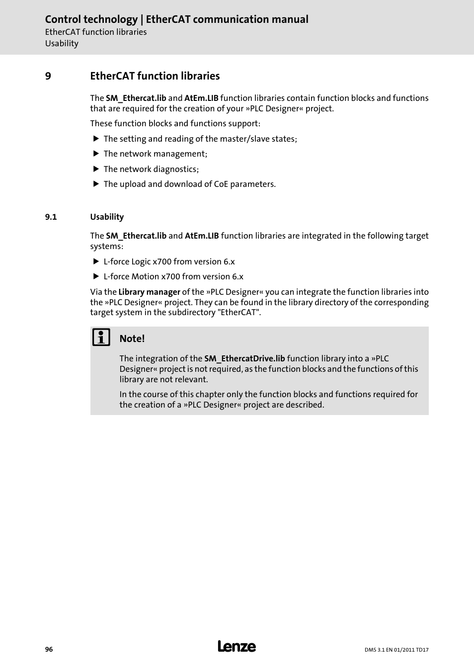 9 ethercat function libraries, 1 usability, Ethercat function libraries | Usability | Lenze EtherCAT control technology User Manual | Page 96 / 204