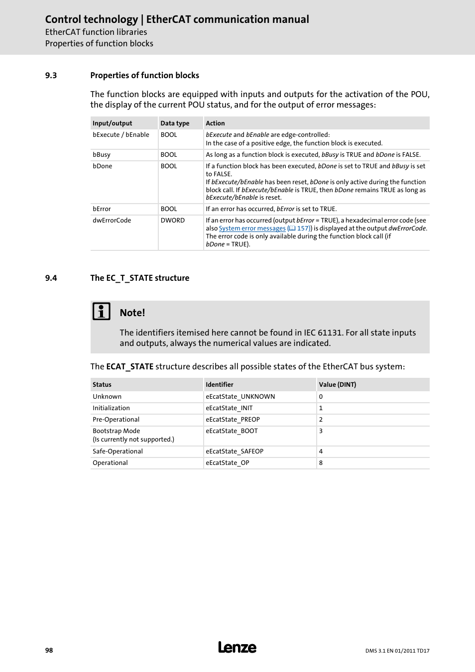 3 properties of function blocks, 4 the ec_t_state structure, Properties of function blocks | The ec_t_state structure, Control technology | ethercat communication manual | Lenze EtherCAT control technology User Manual | Page 98 / 204