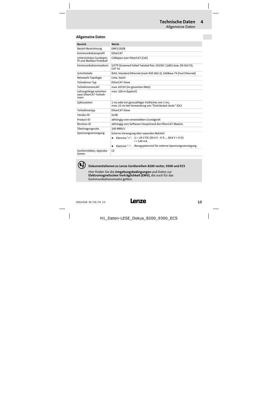 4 technische daten, Allgemeine daten, Technische daten | Lenze EMF2192IB User Manual | Page 13 / 70